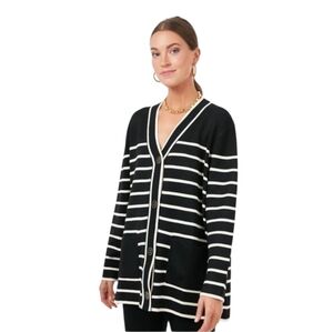 Tuckernuck Lauren Cardigan Black Cream Striped V Neck Sweater Women's Medium